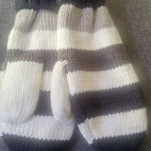 Striped Knit Mittens - Black, Gray, Cream